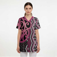 Maori Taniko Patterns Scrub Top Pink Patiki Motifs Mix Whakairo Ngaru - Polynesian Pride