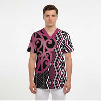 Maori Taniko Patterns Scrub Top Pink Patiki Motifs Mix Whakairo Ngaru - Polynesian Pride