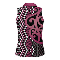 Maori Taniko Patterns Women Sleeveless Polo Shirt Pink Patiki Motifs Mix Whakairo Ngaru