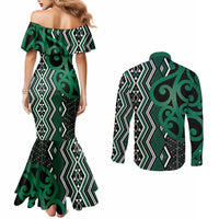 Maori Taniko Patterns Couples Matching Mermaid Dress and Long Sleeve Button Shirt Pounamu Patiki Motifs Mix Whakairo Ngaru LT7 - Polynesian Pride