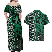 Maori Taniko Patterns Couples Matching Off Shoulder Maxi Dress and Hawaiian Shirt Pounamu Patiki Motifs Mix Whakairo Ngaru