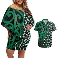 Maori Taniko Patterns Couples Matching Off Shoulder Short Dress and Hawaiian Shirt Pounamu Patiki Motifs Mix Whakairo Ngaru