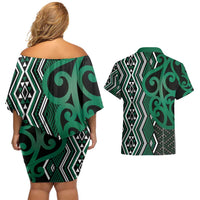Maori Taniko Patterns Couples Matching Off Shoulder Short Dress and Hawaiian Shirt Pounamu Patiki Motifs Mix Whakairo Ngaru