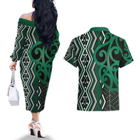 Maori Taniko Patterns Couples Matching Off The Shoulder Long Sleeve Dress and Hawaiian Shirt Pounamu Patiki Motifs Mix Whakairo Ngaru
