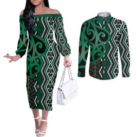 Maori Taniko Patterns Couples Matching Off The Shoulder Long Sleeve Dress and Long Sleeve Button Shirt Pounamu Patiki Motifs Mix Whakairo Ngaru