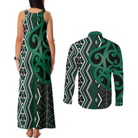 Maori Taniko Patterns Couples Matching Tank Maxi Dress and Long Sleeve Button Shirt Pounamu Patiki Motifs Mix Whakairo Ngaru