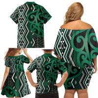 Maori Taniko Patterns Family Matching Off Shoulder Short Dress and Hawaiian Shirt Pounamu Patiki Motifs Mix Whakairo Ngaru