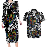 Aotearoa Takatapui Pride Couples Matching Long Sleeve Bodycon Dress and Hawaiian Shirt Rainbow Butterfly - Free To Love