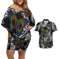 Aotearoa Takatapui Pride Couples Matching Off Shoulder Short Dress and Hawaiian Shirt Rainbow Butterfly - Free To Love