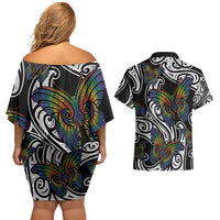 Aotearoa Takatapui Pride Couples Matching Off Shoulder Short Dress and Hawaiian Shirt Rainbow Butterfly - Free To Love