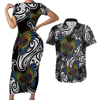 Aotearoa Takatapui Pride Couples Matching Short Sleeve Bodycon Dress and Hawaiian Shirt Rainbow Butterfly - Free To Love
