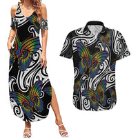 Aotearoa Takatapui Pride Couples Matching Summer Maxi Dress and Hawaiian Shirt Rainbow Butterfly - Free To Love
