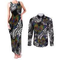 Aotearoa Takatapui Pride Couples Matching Tank Maxi Dress and Long Sleeve Button Shirt Rainbow Butterfly - Free To Love