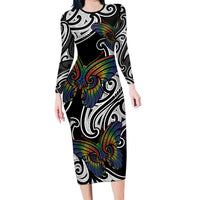Aotearoa Takatapui Pride Family Matching Long Sleeve Bodycon Dress and Hawaiian Shirt Rainbow Butterfly - Free To Love