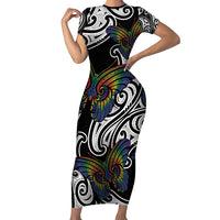 Aotearoa Takatapui Pride Family Matching Short Sleeve Bodycon Dress and Hawaiian Shirt Rainbow Butterfly - Free To Love