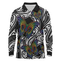Aotearoa Takatapui Pride Long Sleeve Polo Shirt Rainbow Butterfly - Free To Love LT7 Black - Polynesian Pride