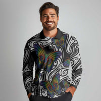 Aotearoa Takatapui Pride Long Sleeve Polo Shirt Rainbow Butterfly - Free To Love LT7 - Polynesian Pride