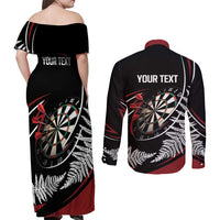 New Zealand Darts Personalised Couples Matching Off Shoulder Maxi Dress and Long Sleeve Button Shirt Silver Fern Dynamic