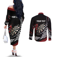 New Zealand Darts Personalised Couples Matching Off The Shoulder Long Sleeve Dress and Long Sleeve Button Shirt Silver Fern Dynamic