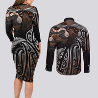 Aotearoa Maori - Australia Indigenous Couples Matching Long Sleeve Bodycon Dress and Long Sleeve Button Shirt Koiri Whakairo Mix Aboriginal Art - Polynesian Pride