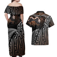 Aotearoa Maori - Australia Indigenous Couples Matching Off Shoulder Maxi Dress and Hawaiian Shirt Koiri Whakairo Mix Aboriginal Art - Polynesian Pride