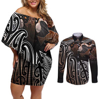 Aotearoa Maori - Australia Indigenous Couples Matching Off Shoulder Short Dress and Long Sleeve Button Shirt Koiri Whakairo Mix Aboriginal Art - Polynesian Pride