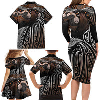 Aotearoa Maori - Australia Indigenous Family Matching Long Sleeve Bodycon Dress and Hawaiian Shirt Koiri Whakairo Mix Aboriginal Art - Polynesian Pride