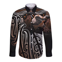 Aotearoa Maori - Australia Indigenous Long Sleeve Button Shirt Koiri Whakairo Mix Aboriginal Art - Polynesian Pride