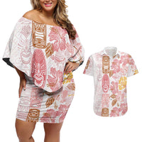 Christmas Aloha Hawaii Tiki Couples Matching Off Shoulder Short Dress and Hawaiian Shirt Hibiscus Spring Colors LT7 Pink - Polynesian Pride