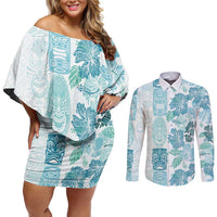 Christmas Aloha Hawaii Tiki Couples Matching Off Shoulder Short Dress and Long Sleeve Button Shirt Hibiscus Summer Colors LT7 Turquoise - Polynesian Pride