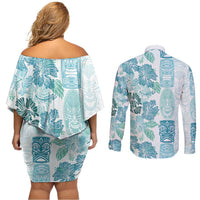 Christmas Aloha Hawaii Tiki Couples Matching Off Shoulder Short Dress and Long Sleeve Button Shirt Hibiscus Summer Colors LT7 - Polynesian Pride