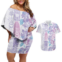Christmas Aloha Hawaii Tiki Couples Matching Off Shoulder Short Dress and Hawaiian Shirt Hibiscus Winter Colors - Polynesian Pride