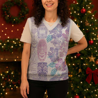 Christmas Aloha Hawaii Tiki Christmas Knitted V-Neck Vest Hibiscus Winter Colors - Polynesian Pride