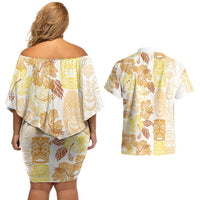 Christmas Aloha Hawaii Tiki Couples Matching Off Shoulder Short Dress and Hawaiian Shirt Hibiscus Autumn Colors - Polynesian Pride