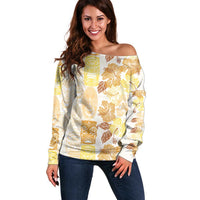 Christmas Aloha Hawaii Tiki Off Shoulder Sweater Hibiscus Autumn Colors LT7 Women Yellow - Polynesian Pride