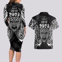 Custom New Zealand Rugby Couples Matching Long Sleeve Bodycon Dress and Hawaiian Shirt 2023 World Cup Aotearoa Haka Face LT7 - Polynesian Pride