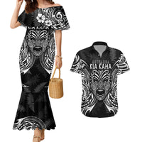 New Zealand Rugby Couples Matching Mermaid Dress and Hawaiian Shirt 2023 World Cup Aotearoa Haka Face LT7 Black - Polynesian Pride