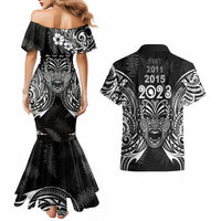 New Zealand Rugby Couples Matching Mermaid Dress and Hawaiian Shirt 2023 World Cup Aotearoa Haka Face LT7 - Polynesian Pride