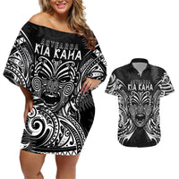 New Zealand Rugby Couples Matching Off Shoulder Short Dress and Hawaiian Shirt 2023 World Cup Aotearoa Haka Face LT7 Black - Polynesian Pride
