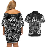 New Zealand Rugby Couples Matching Off Shoulder Short Dress and Hawaiian Shirt 2023 World Cup Aotearoa Haka Face LT7 - Polynesian Pride