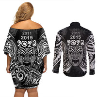 Custom New Zealand Rugby Couples Matching Off Shoulder Short Dress and Long Sleeve Button Shirt 2023 World Cup Aotearoa Haka Face LT7 - Polynesian Pride