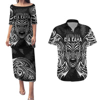 New Zealand Rugby Couples Matching Puletasi Dress and Hawaiian Shirt 2023 World Cup Aotearoa Haka Face LT7 Black - Polynesian Pride