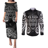 New Zealand Rugby Couples Matching Puletasi Dress and Long Sleeve Button Shirt 2023 World Cup Aotearoa Haka Face LT7 Black - Polynesian Pride