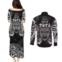 New Zealand Rugby Couples Matching Puletasi Dress and Long Sleeve Button Shirt 2023 World Cup Aotearoa Haka Face LT7 - Polynesian Pride