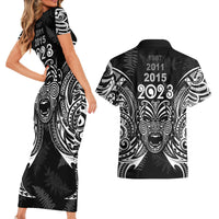Custom New Zealand Rugby Couples Matching Short Sleeve Bodycon Dress and Hawaiian Shirt 2023 World Cup Aotearoa Haka Face LT7 - Polynesian Pride