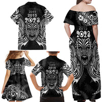 Custom New Zealand Rugby Family Matching Off Shoulder Maxi Dress and Hawaiian Shirt 2023 World Cup Aotearoa Haka Face LT7 - Polynesian Pride