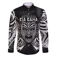 Custom New Zealand Rugby Family Matching Puletasi Dress and Hawaiian Shirt 2023 World Cup Aotearoa Haka Face LT7 Dad's Shirt - Long Sleeve Black - Polynesian Pride