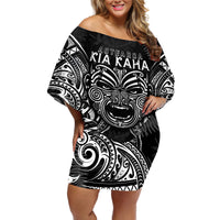 New Zealand Rugby Off Shoulder Short Dress 2023 World Cup Aotearoa Haka Face LT7 Women Black - Polynesian Pride
