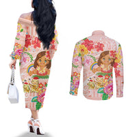 Aloha Hawaii Couples Matching Off The Shoulder Long Sleeve Dress and Long Sleeve Button Shirt Kawaii Mele Kalikimaka - Pastel Fever