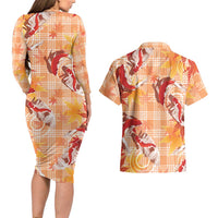 Orange Palaka Hawaii Aloha Couples Matching Long Sleeve Bodycon Dress and Hawaiian Shirt Koi Pond Mix Japanese Maple - Polynesian Pride